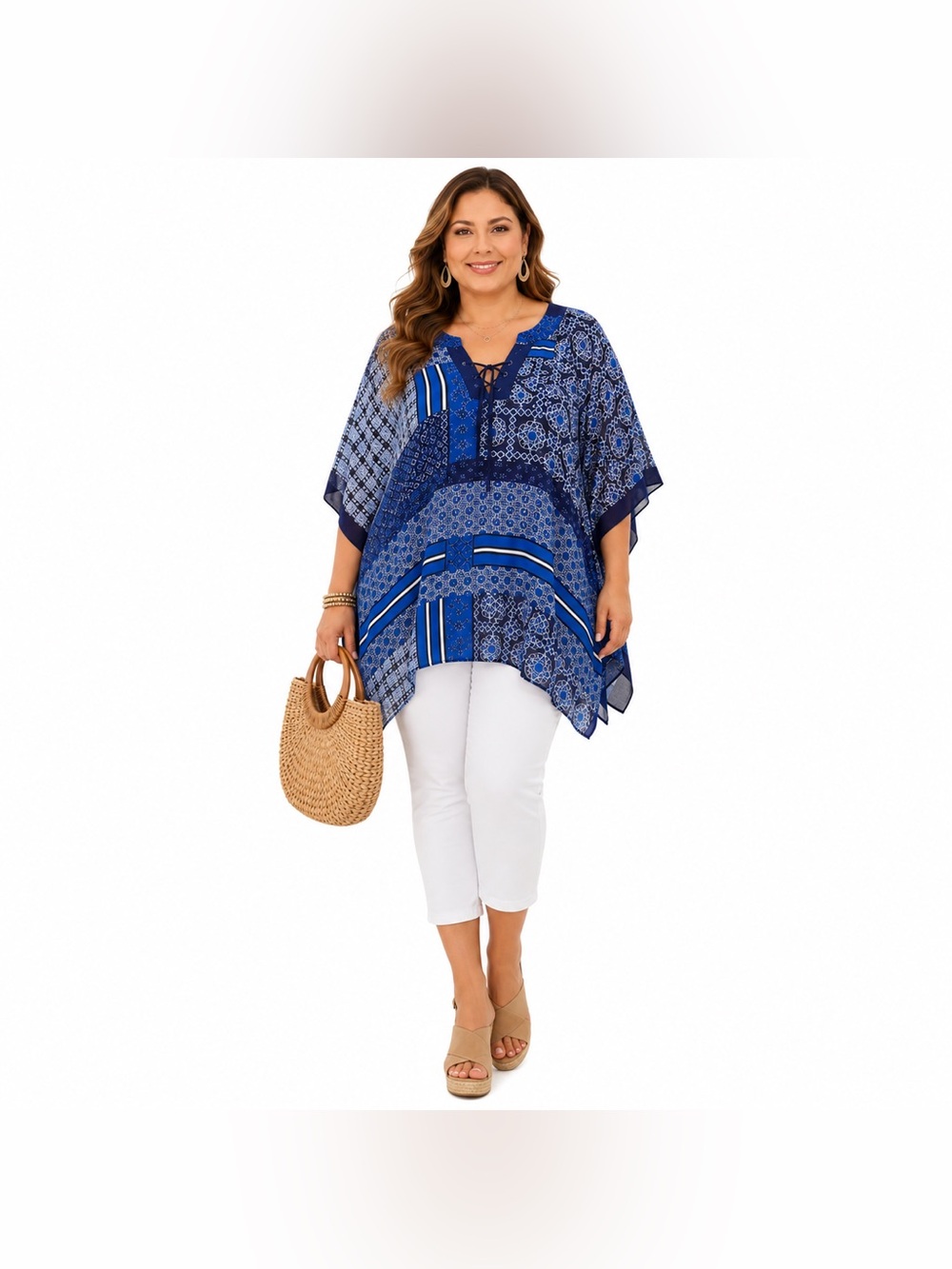 Allison Brittney Blue Patchwork Lace-Up Poncho Top Plus Size 2X